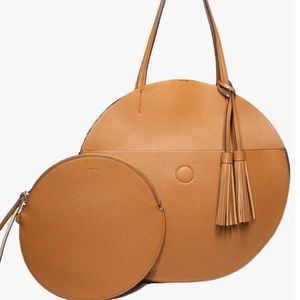 NEW REMI REID CIRCLE TOTE SHOULDER BAG WRISTLET CAMEL & PINK VEGAN LEATHER ROUND
